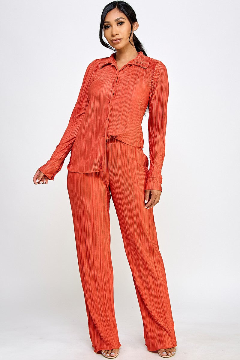 Taliya Long Sleeves Button Up Top Wide Leg Plisse Pant Set