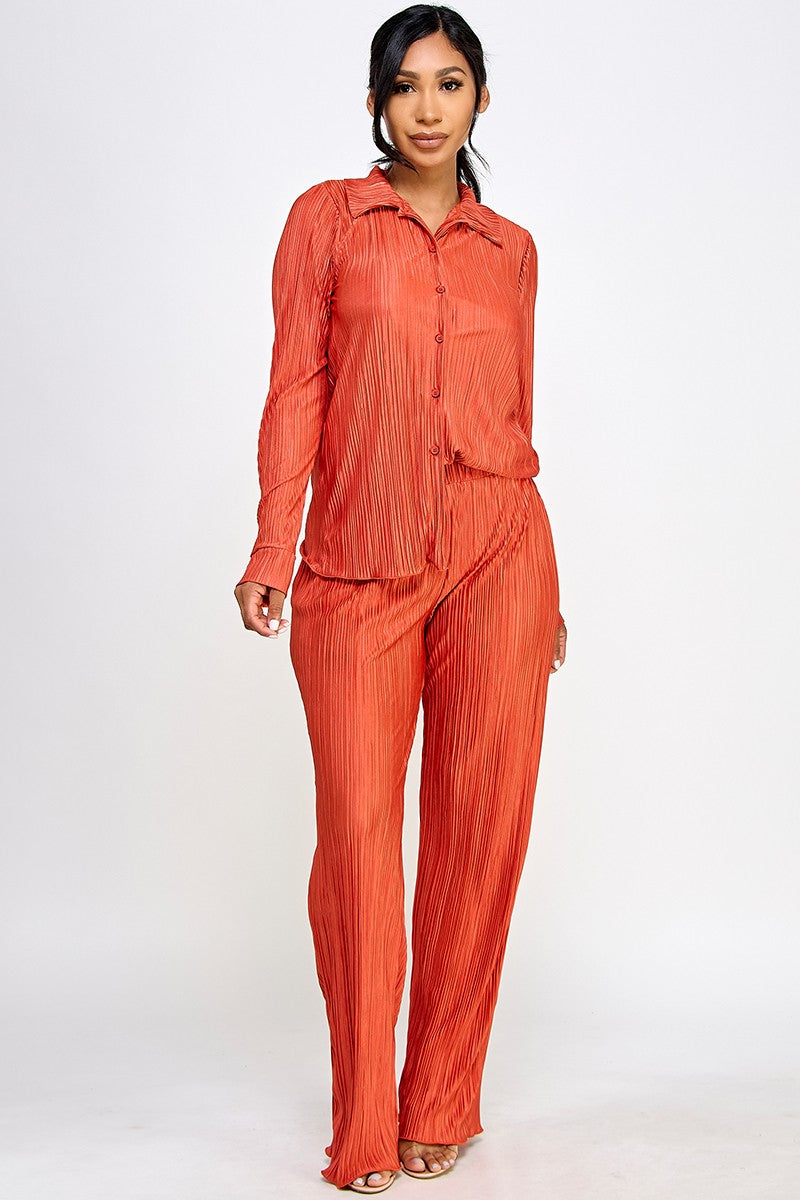 Taliya Long Sleeves Button Up Top Wide Leg Plisse Pant Set
