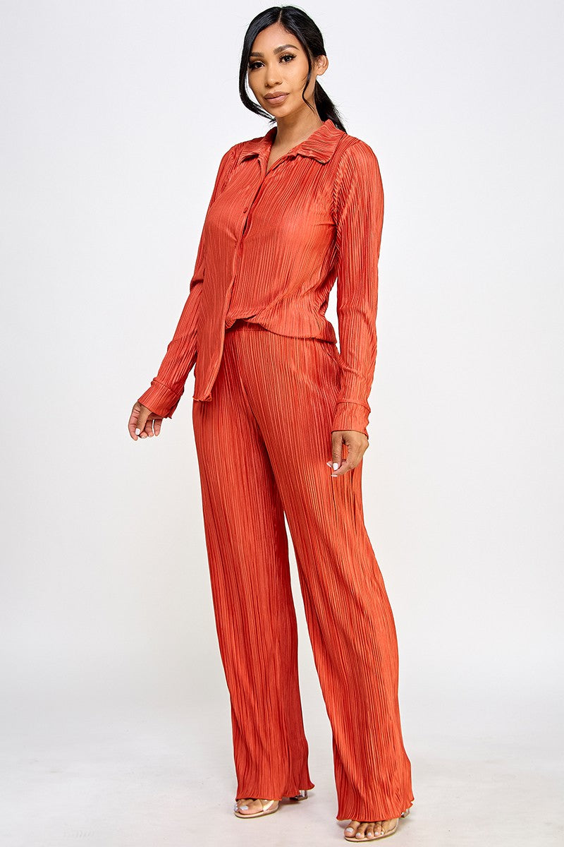 Taliya Long Sleeves Button Up Top Wide Leg Plisse Pant Set