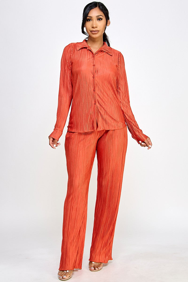 Taliya Long Sleeves Button Up Top Wide Leg Plisse Pant Set