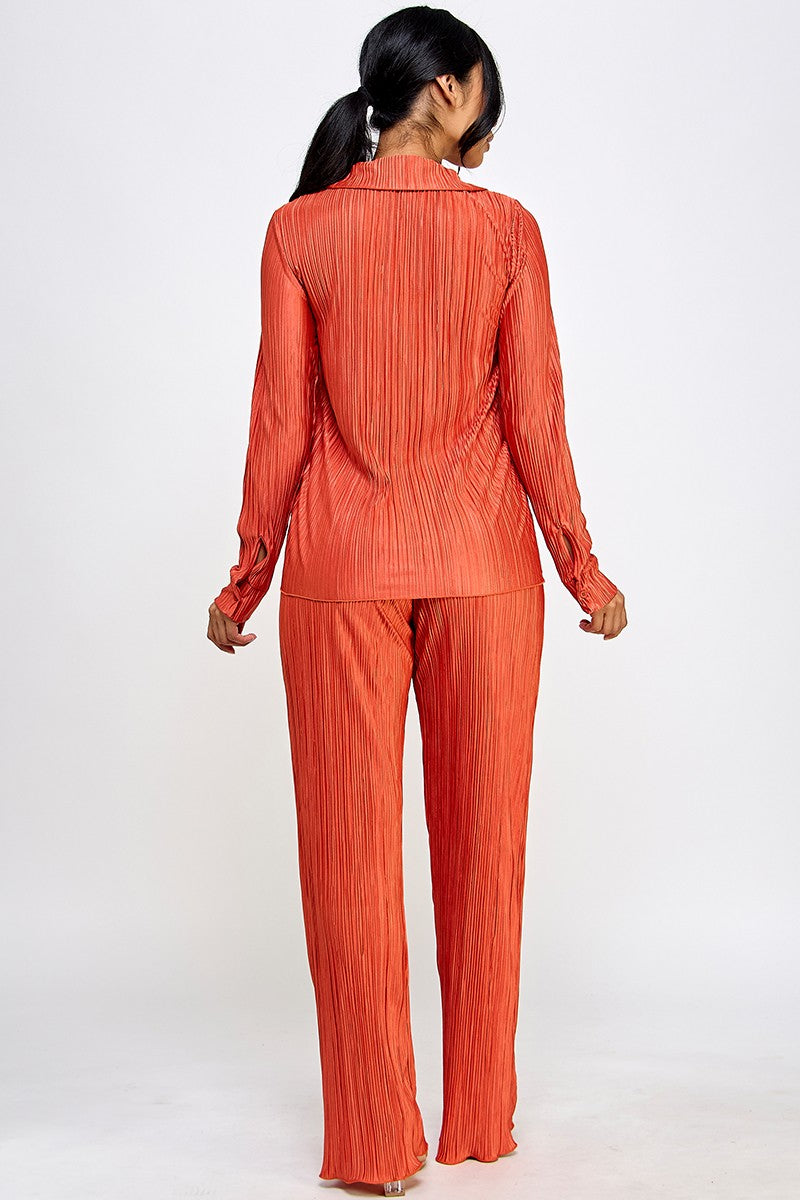 Taliya Long Sleeves Button Up Top Wide Leg Plisse Pant Set