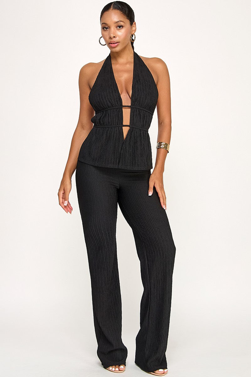 Elara Deep Plunge Halter Top & Matching Pant Two Piece Set