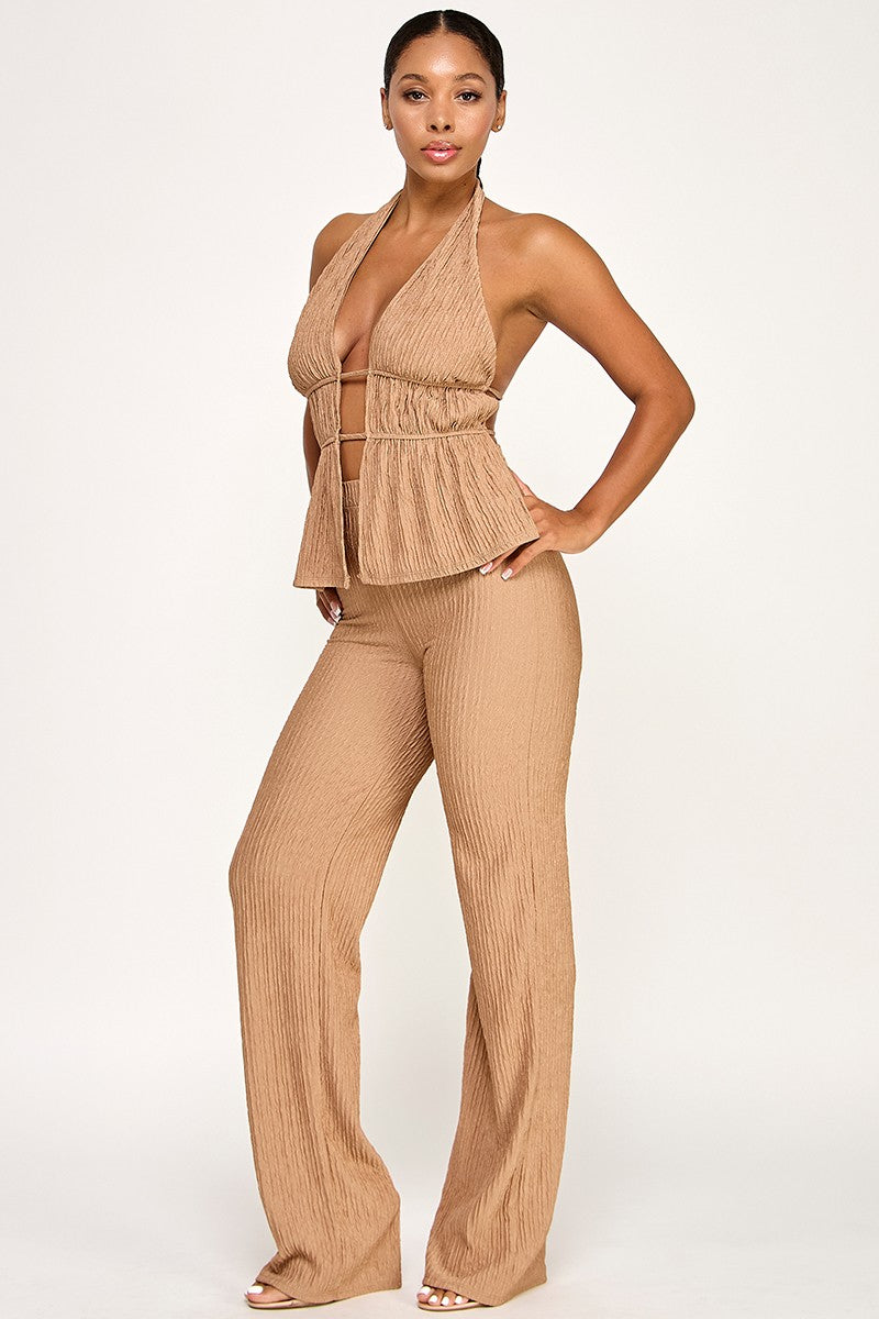 Elara Deep Plunge Halter Top & Matching Pant Two Piece Set