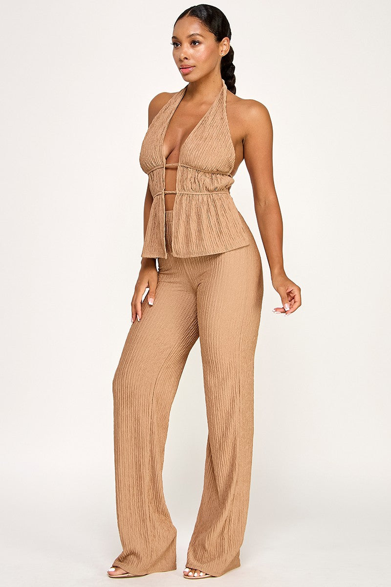 Elara Deep Plunge Halter Top & Matching Pant Two Piece Set