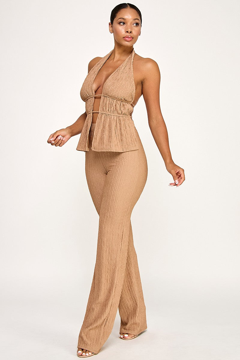 Elara Deep Plunge Halter Top & Matching Pant Two Piece Set