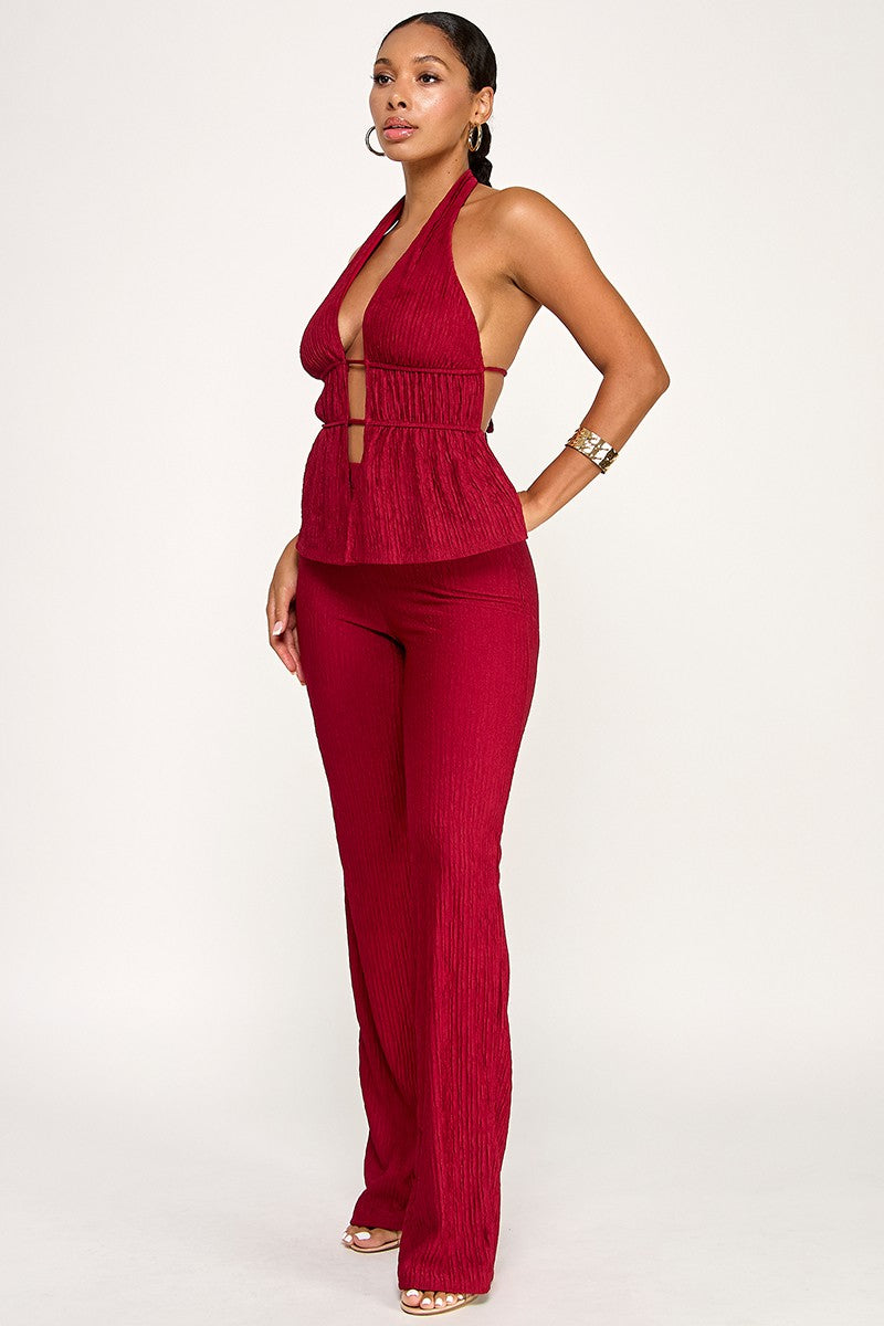 Elara Deep Plunge Halter Top & Matching Pant Two Piece Set