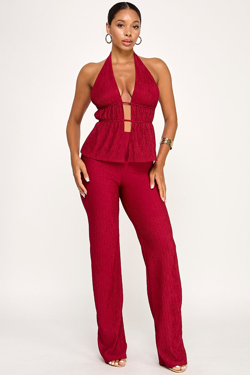 Elara Deep Plunge Halter Top & Matching Pant Two Piece Set