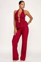 Elara Deep Plunge Halter Top & Matching Pant Two Piece Set