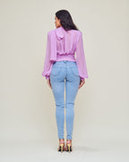 Jorgina Long Sleeve Self Tie Plunge Neck Chiffon Blouse