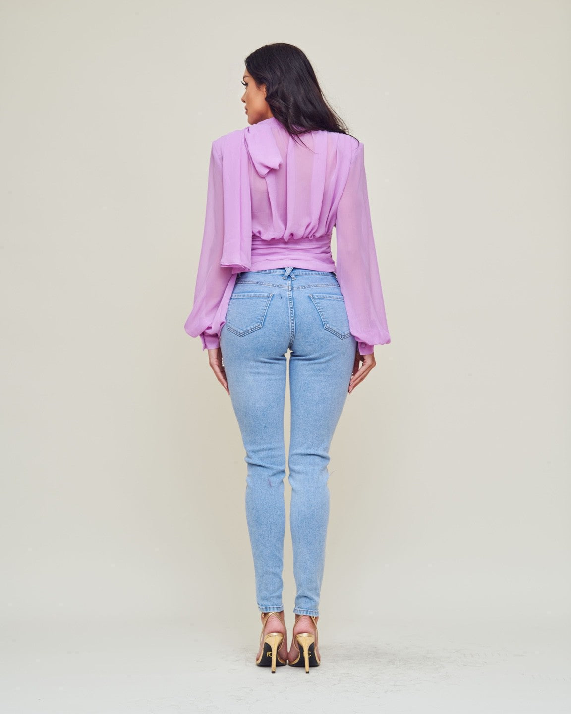 Jorgina Long Sleeve Self Tie Plunge Neck Chiffon Blouse