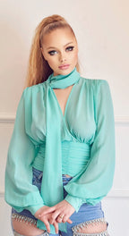 Jorgina Long Sleeve Self Tie Plunge Neck Chiffon Blouse