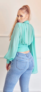 Jorgina Long Sleeve Self Tie Plunge Neck Chiffon Blouse