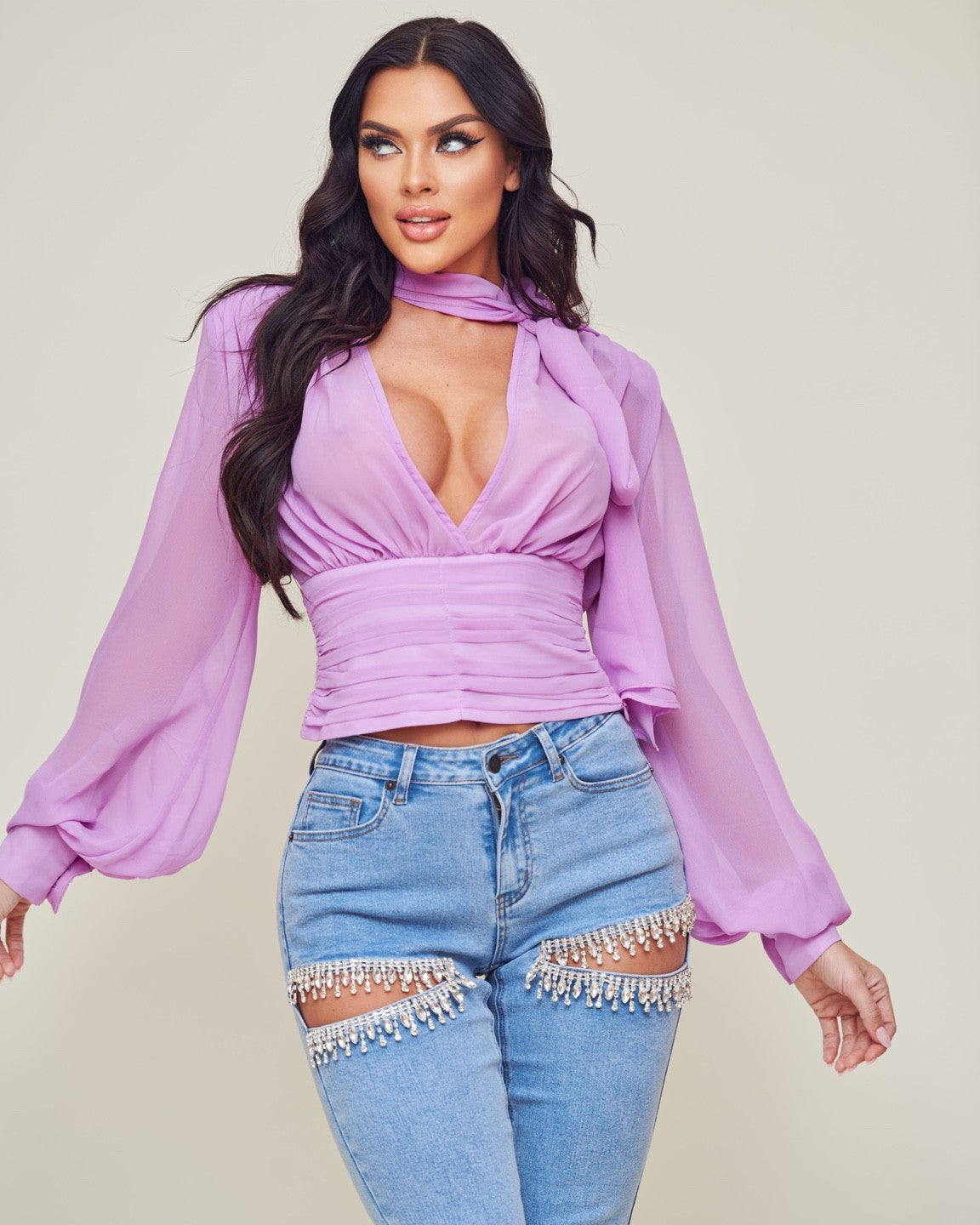 Jorgina Long Sleeve Self Tie Plunge Neck Chiffon Blouse