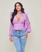 Jorgina Long Sleeve Self Tie Plunge Neck Chiffon Blouse