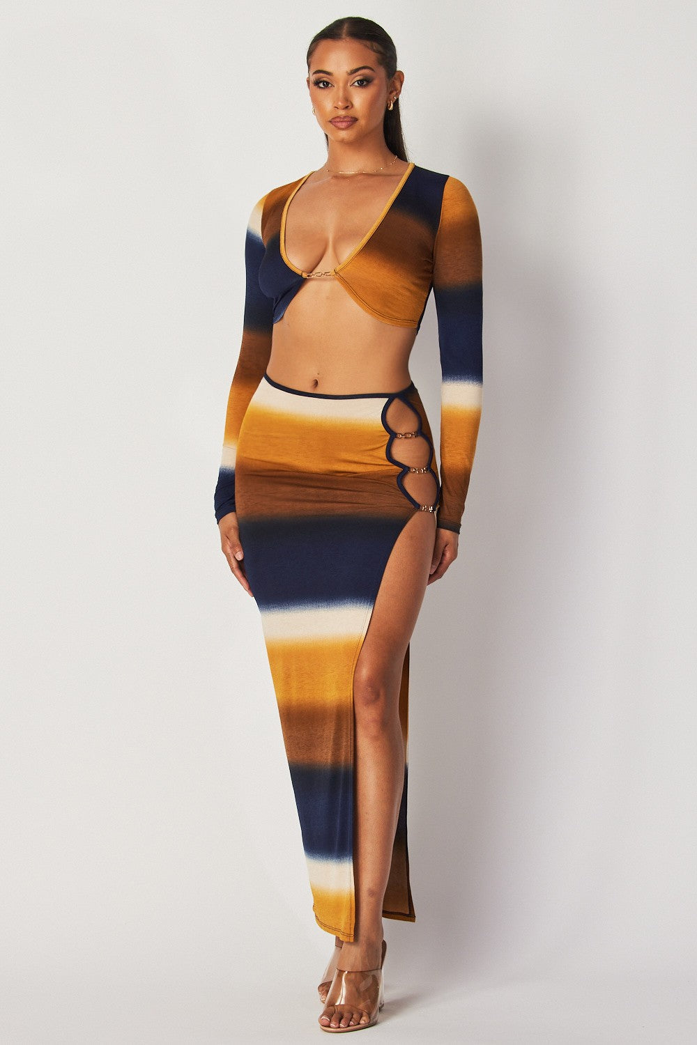 Zahara Gold Trim Split Front Two Piece Maxi Skirt Set