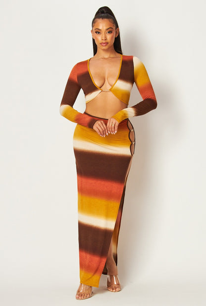 Zahara Gold Trim Split Front Two Piece Maxi Skirt Set