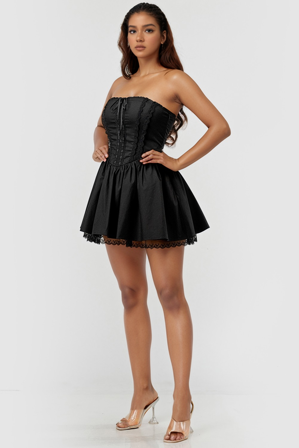 Camilla Strapless Poplin Lace Up Back Mini Dress