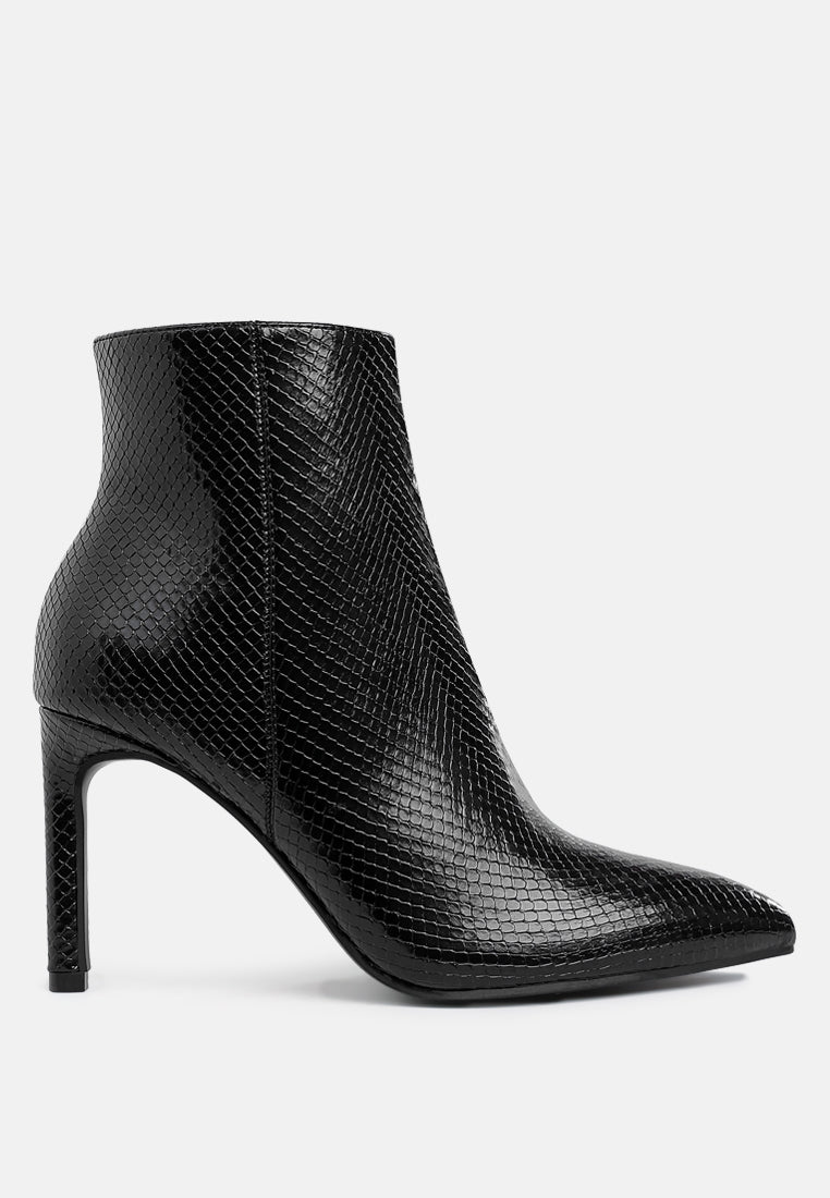 Tatria Pointed Toe Textured Snake Print High Heel Ankle Boots