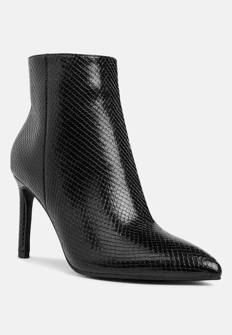Tatria Pointed Toe Textured Snake Print High Heel Ankle Boots