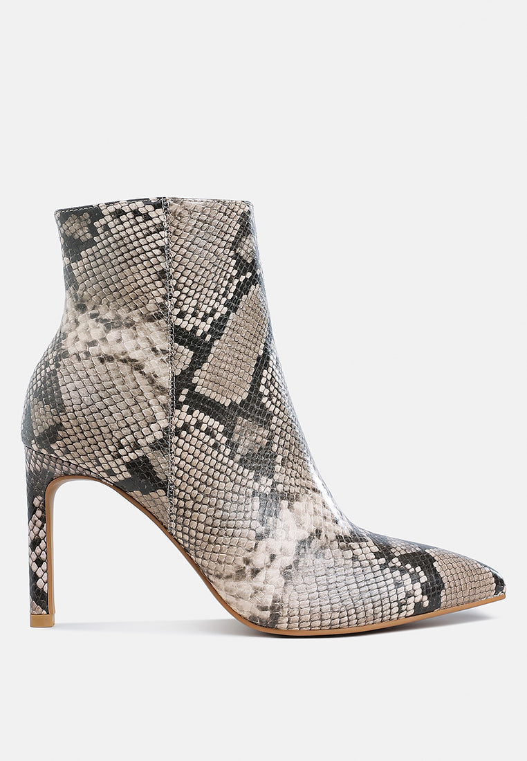 Tatria Pointed Toe Textured Snake Print High Heel Ankle Boots