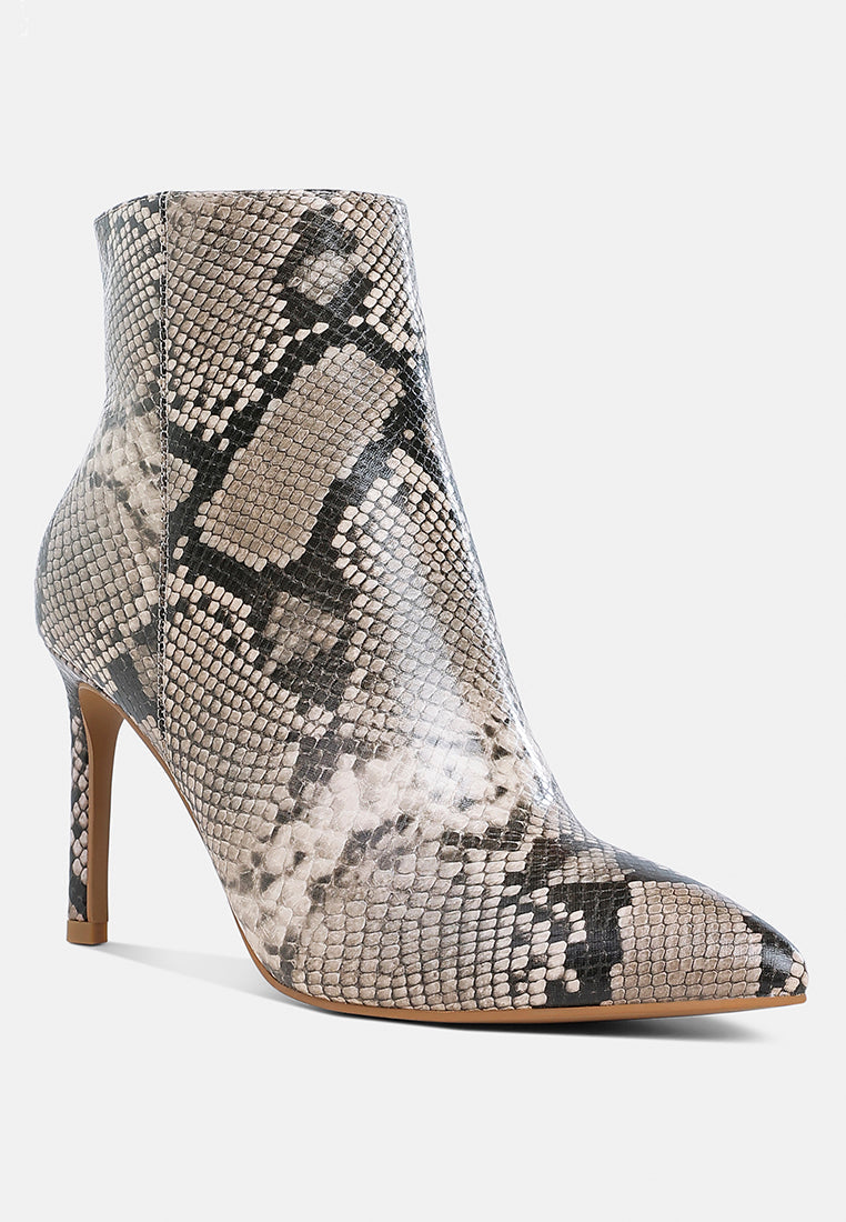 Tatria Pointed Toe Textured Snake Print High Heel Ankle Boots