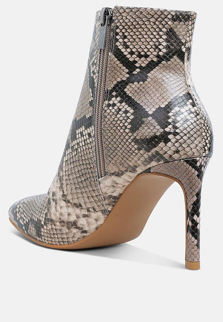 Tatria Pointed Toe Textured Snake Print High Heel Ankle Boots