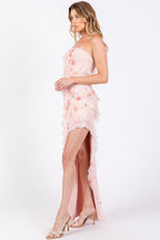 Bethany Floral Print Ruffle Side Slit Mesh Maxi Dress
