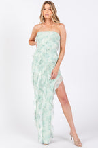 Bethany Floral Print Ruffle Side Slit Mesh Maxi Dress