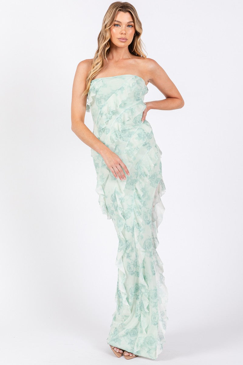 Bethany Floral Print Ruffle Side Slit Mesh Maxi Dress