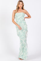 Bethany Floral Print Ruffle Side Slit Mesh Maxi Dress