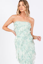 Bethany Floral Print Ruffle Side Slit Mesh Maxi Dress
