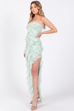Bethany Floral Print Ruffle Side Slit Mesh Maxi Dress