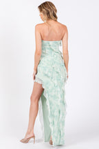 Bethany Floral Print Ruffle Side Slit Mesh Maxi Dress