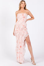 Bethany Floral Print Ruffle Side Slit Mesh Maxi Dress
