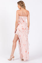 Bethany Floral Print Ruffle Side Slit Mesh Maxi Dress