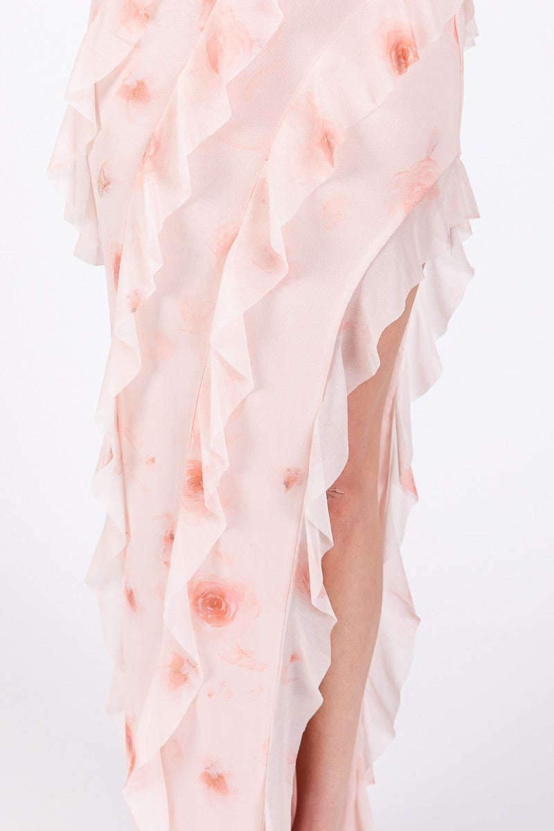 Bethany Floral Print Ruffle Side Slit Mesh Maxi Dress