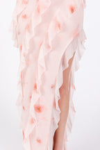 Bethany Floral Print Ruffle Side Slit Mesh Maxi Dress