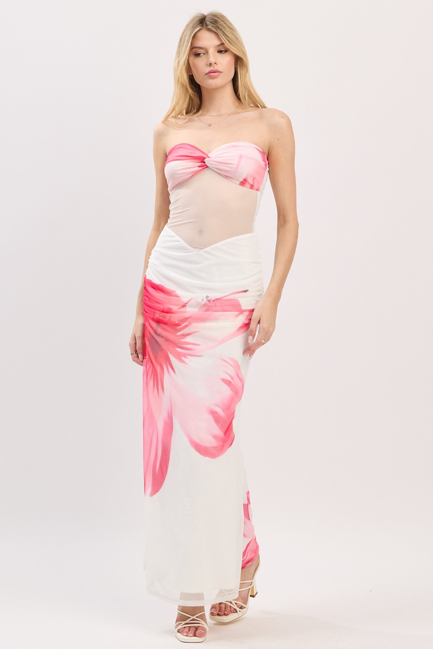 Cassia Floral Print Sheer Mesh Panel Strapless Maxi Dress