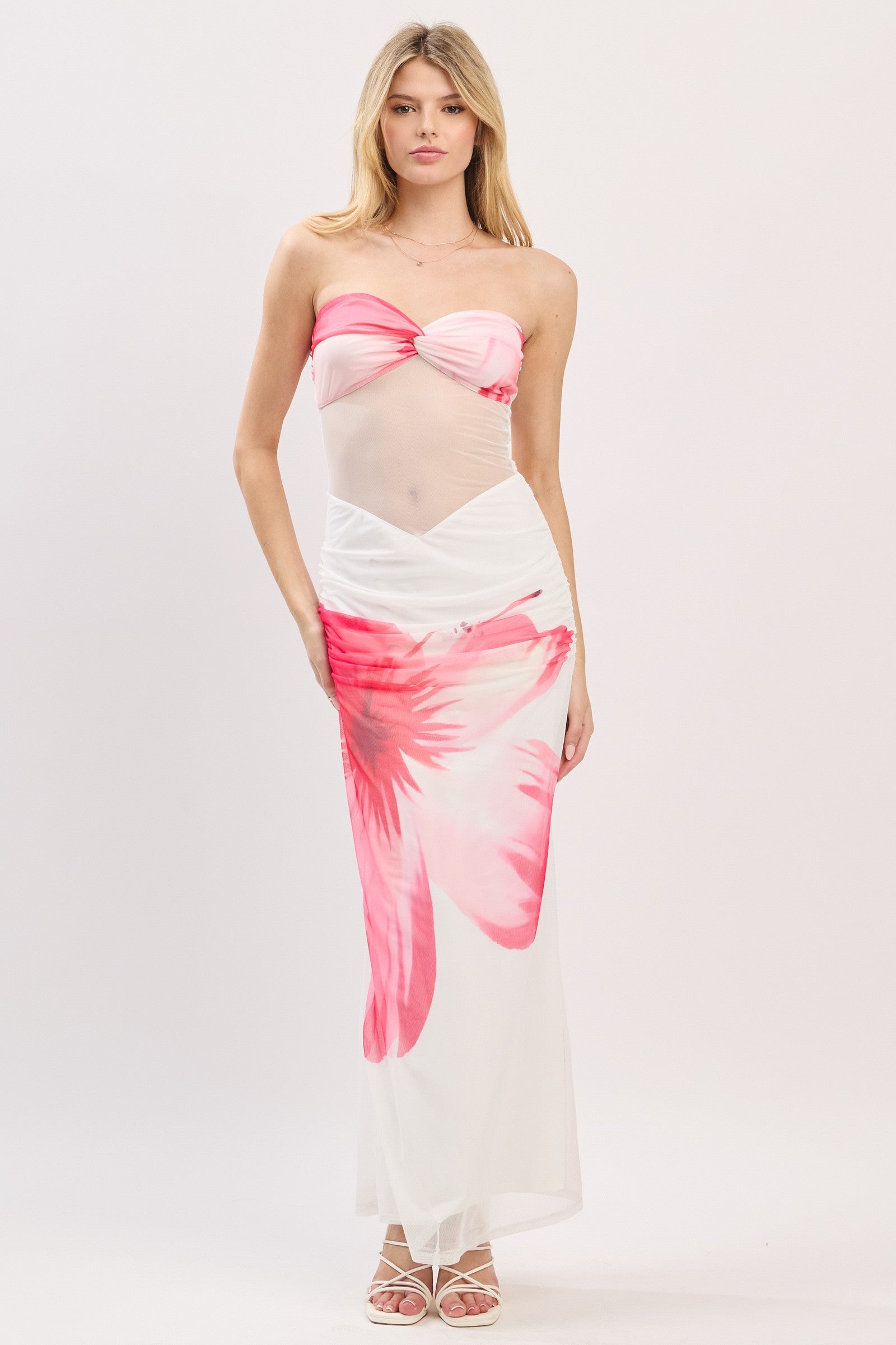 Cassia Floral Print Sheer Mesh Panel Strapless Maxi Dress