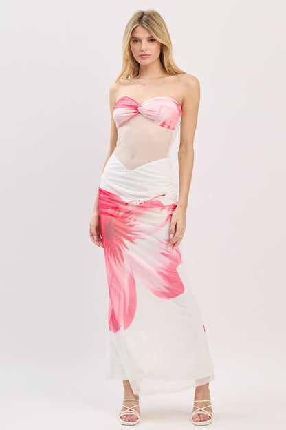 Cassia Floral Print Sheer Mesh Panel Strapless Maxi Dress