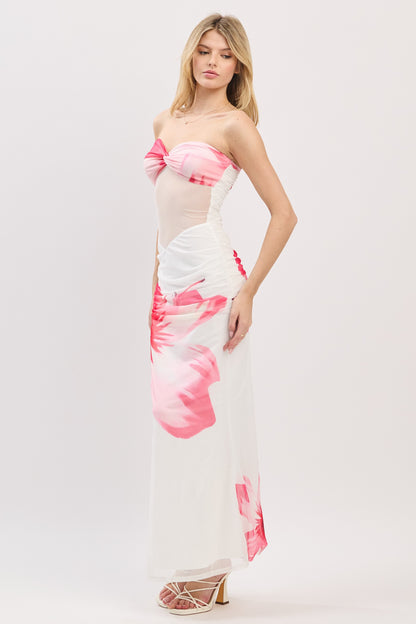 Cassia Floral Print Sheer Mesh Panel Strapless Maxi Dress