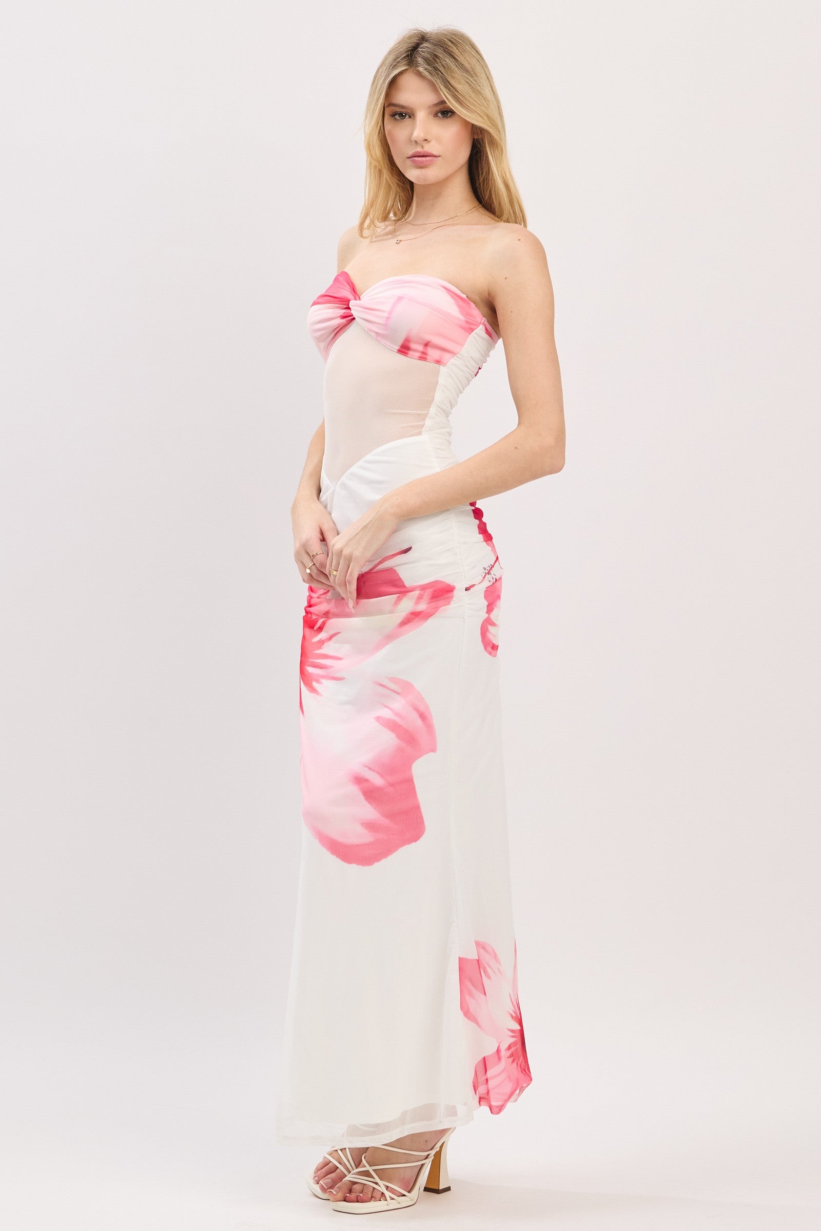 Cassia Floral Print Sheer Mesh Panel Strapless Maxi Dress