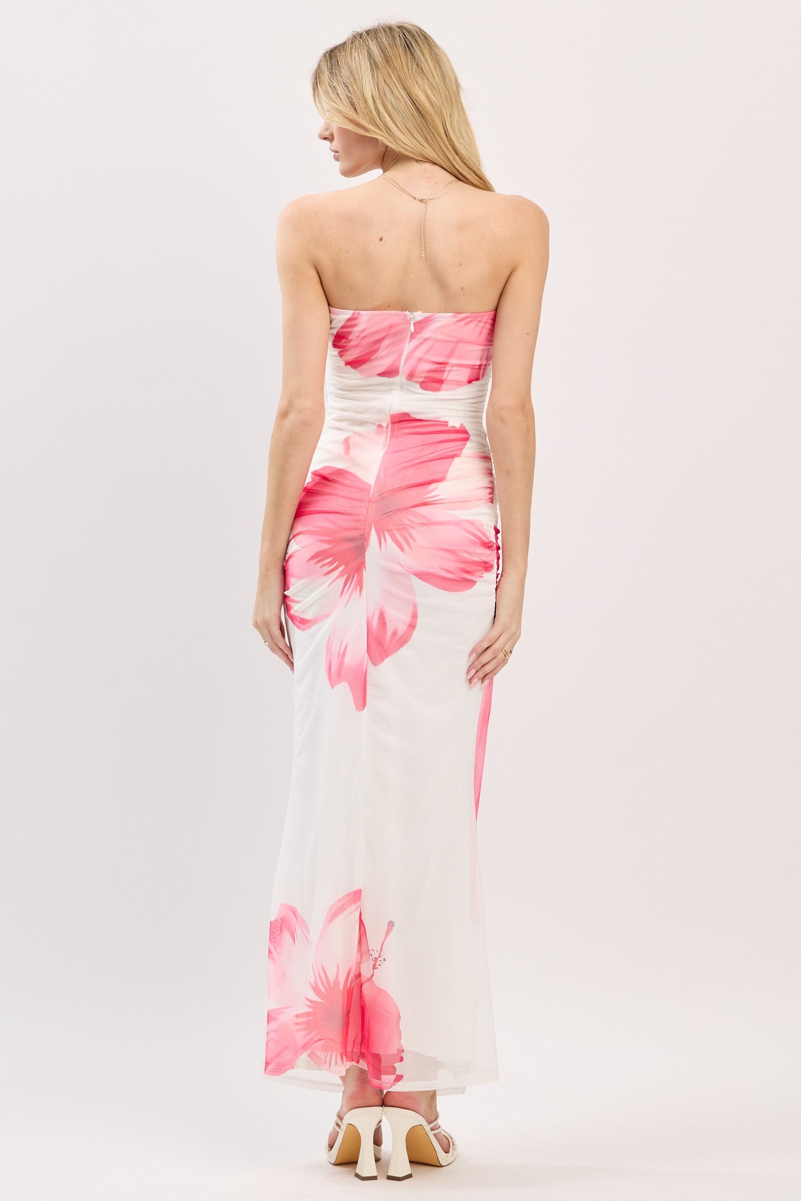 Cassia Floral Print Sheer Mesh Panel Strapless Maxi Dress
