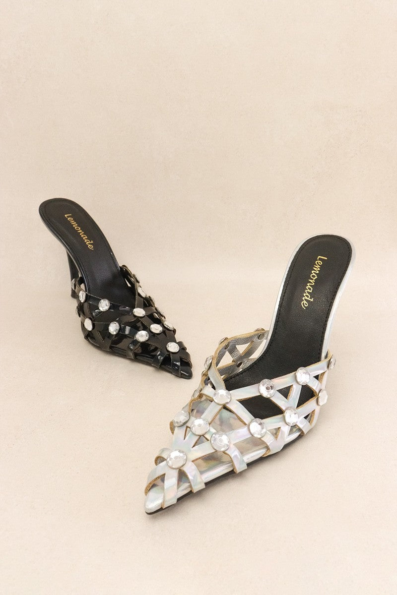 Vega Rhinestones Embellished Pointed Toe High Heel Mules