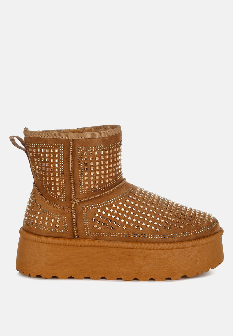 Xora Chunky Rhinestones Comfy Fur Lined Ankle Snow Boots