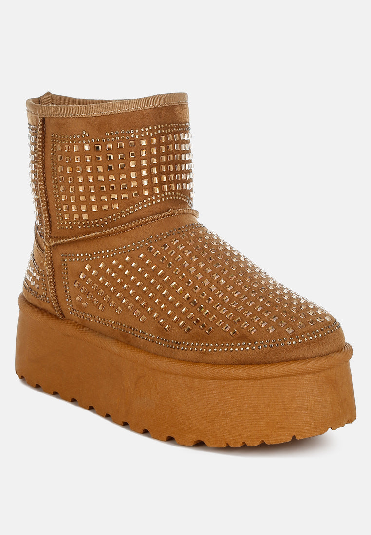 Xora Chunky Rhinestones Comfy Fur Lined Ankle Snow Boots