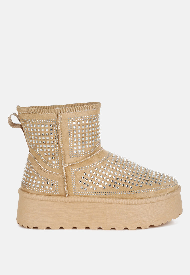 Xora Chunky Rhinestones Comfy Fur Lined Ankle Snow Boots