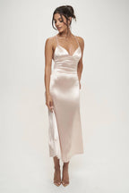 Karine Deep V Neck Halter Satin Slip Dress