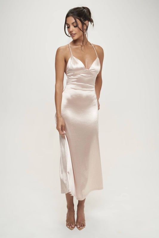 Karine Deep V Neck Halter Satin Slip Dress