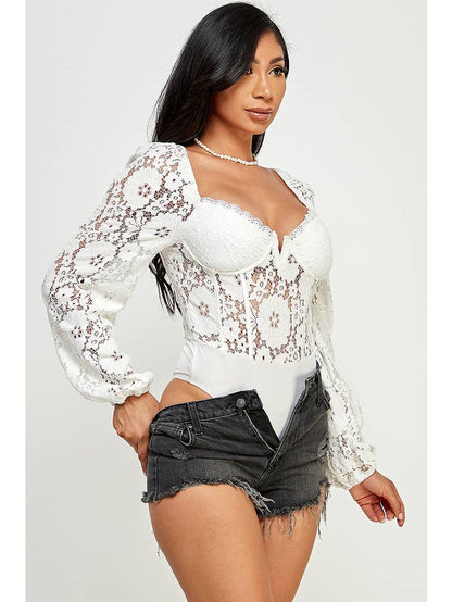 Georgia Lace Sweetheart Neck Long Sleeves Bodysuit